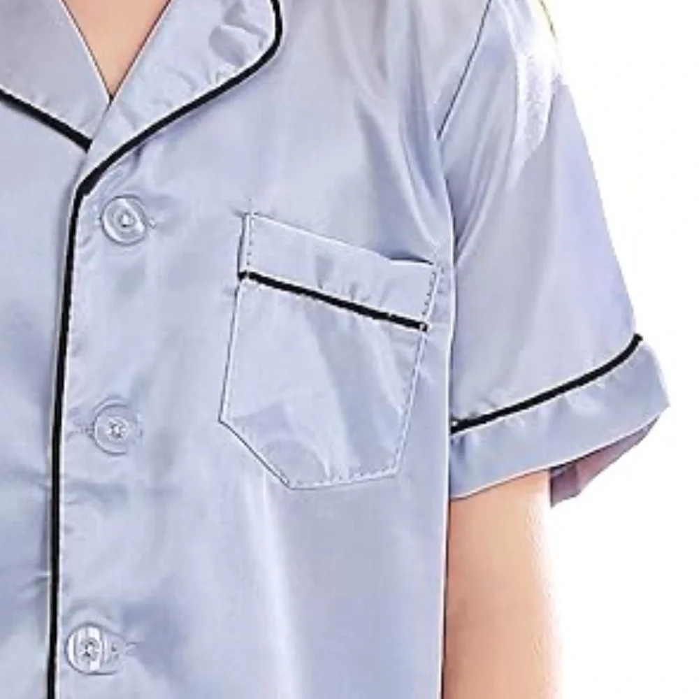 NWT Horcute Boys Satin Pajama Set Pants Long Sleeve Button Front Top Silver